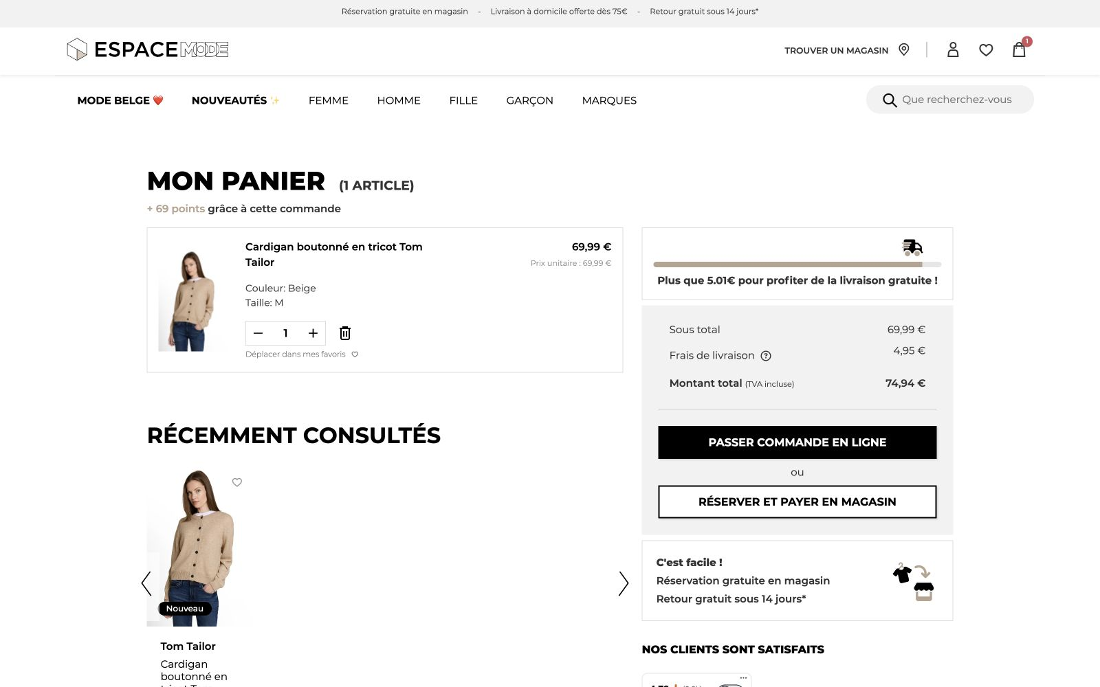 Panier Espace Mode avec un article, le récapitulatif et les choix de commande ou de réservation.