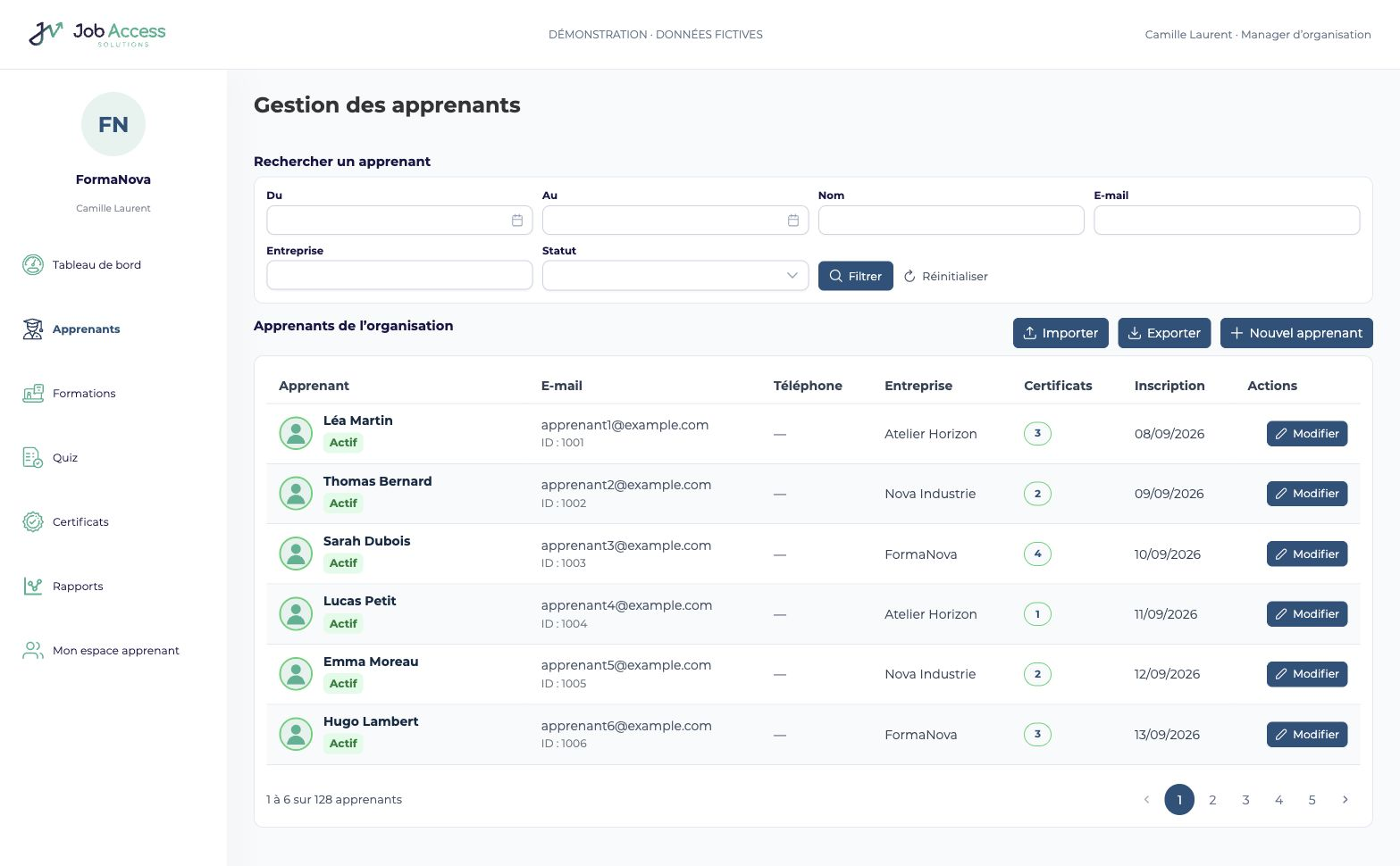 Job Access : gestion des apprenants avec des noms et coordonnées entièrement fictifs.