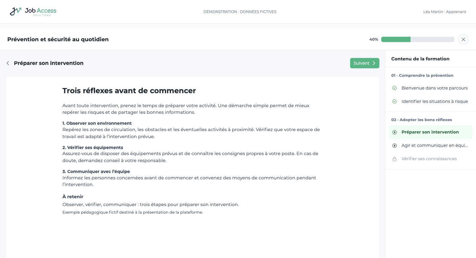 Job Access : vue apprenant d’une formation de démonstration, avec chapitres et progression.
