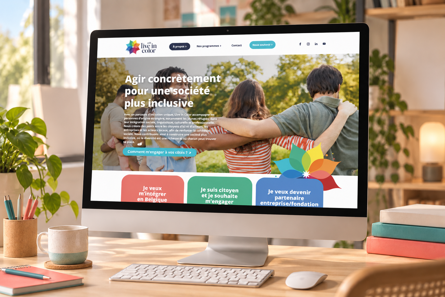 Live in Color : présentation du site sur écran dans un décor de bureau. Mockup illustratif.