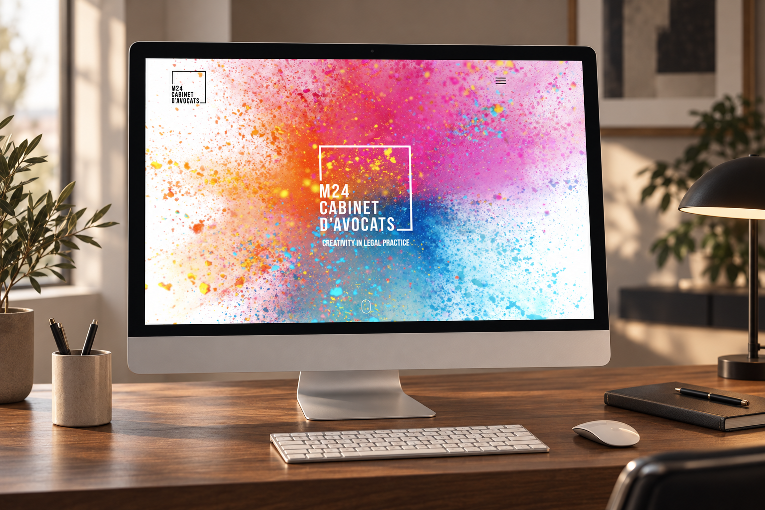 M24 Avocats : présentation du site sur écran dans un décor de bureau. Mockup illustratif.