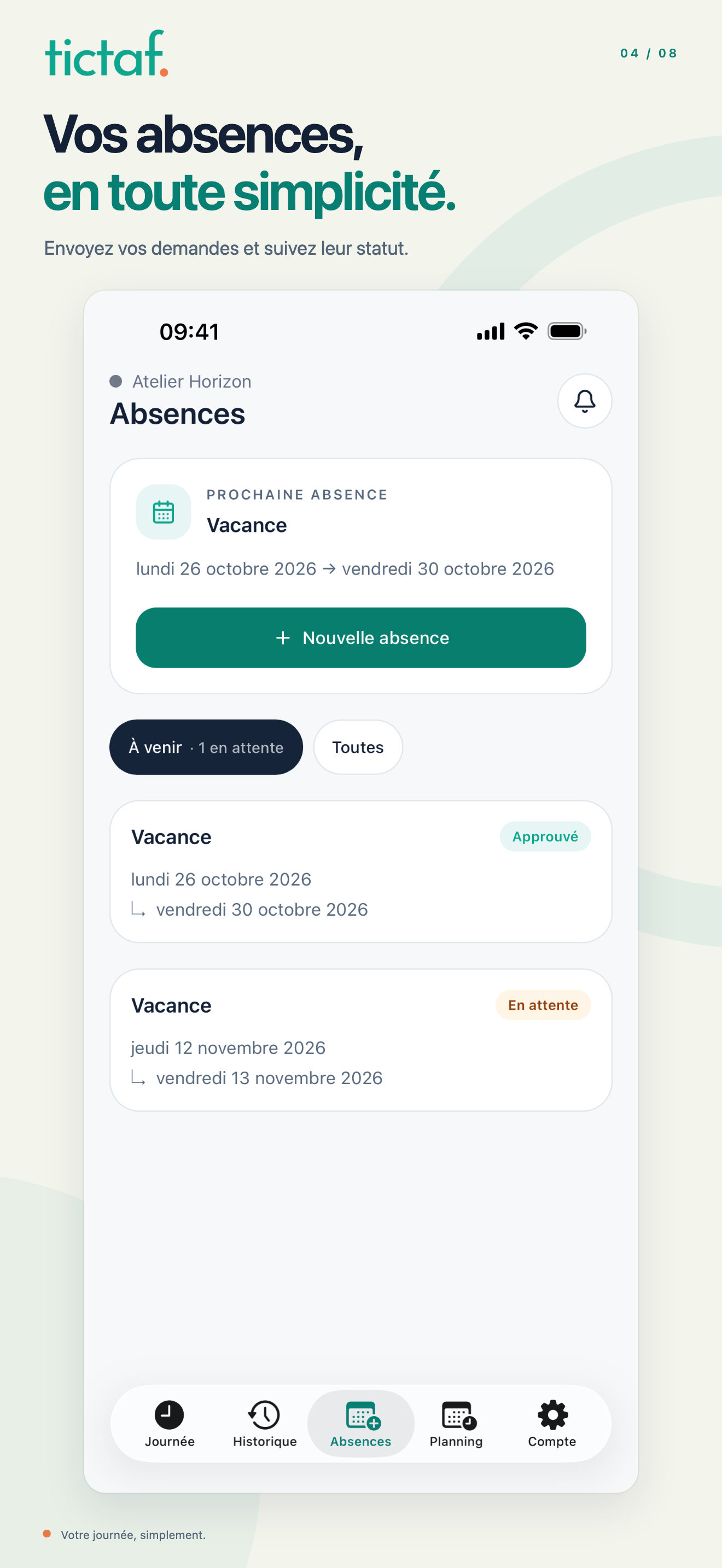 Application Tictaf sur iOS : demandes d’absence et statuts, avec données fictives.
