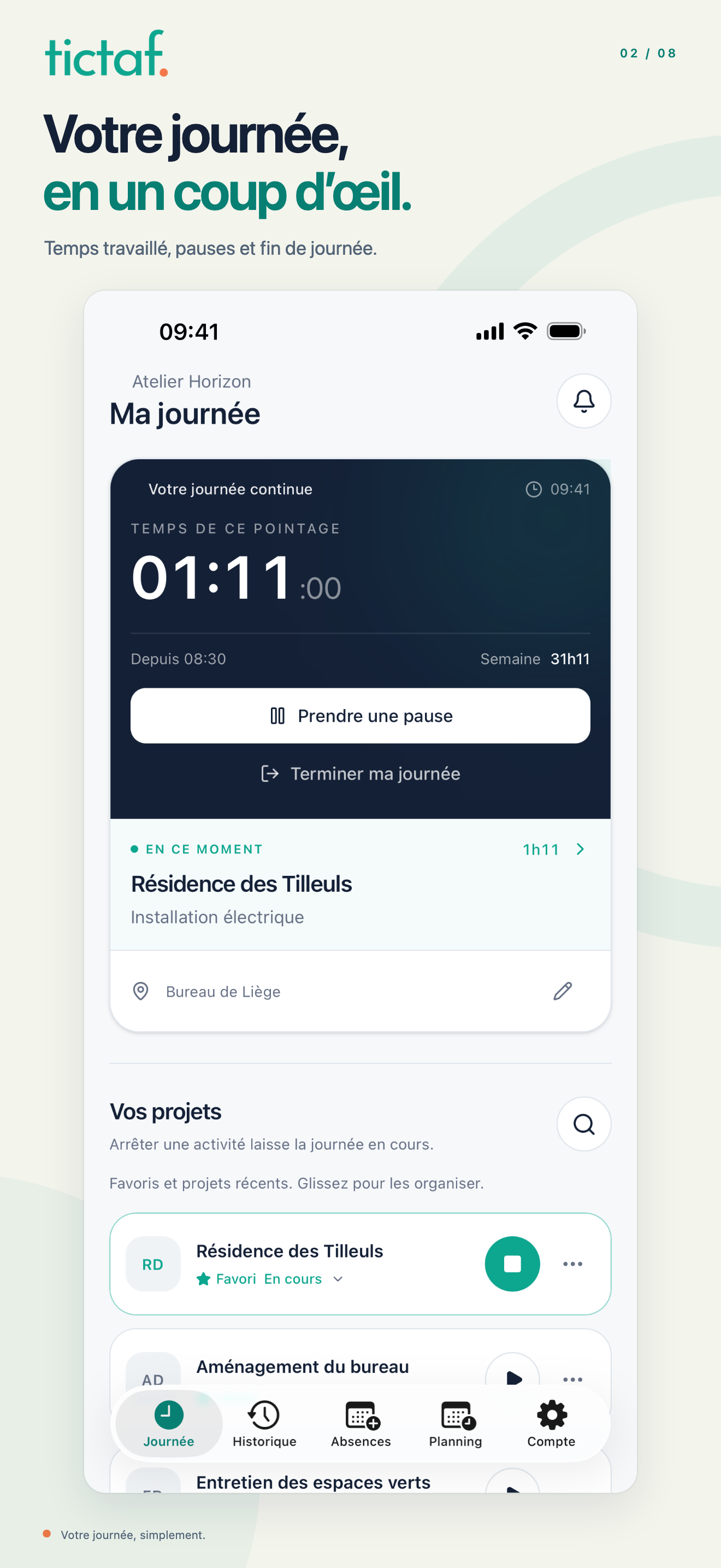 Application Tictaf sur iOS : pointage en cours et projet sélectionné, avec données fictives.