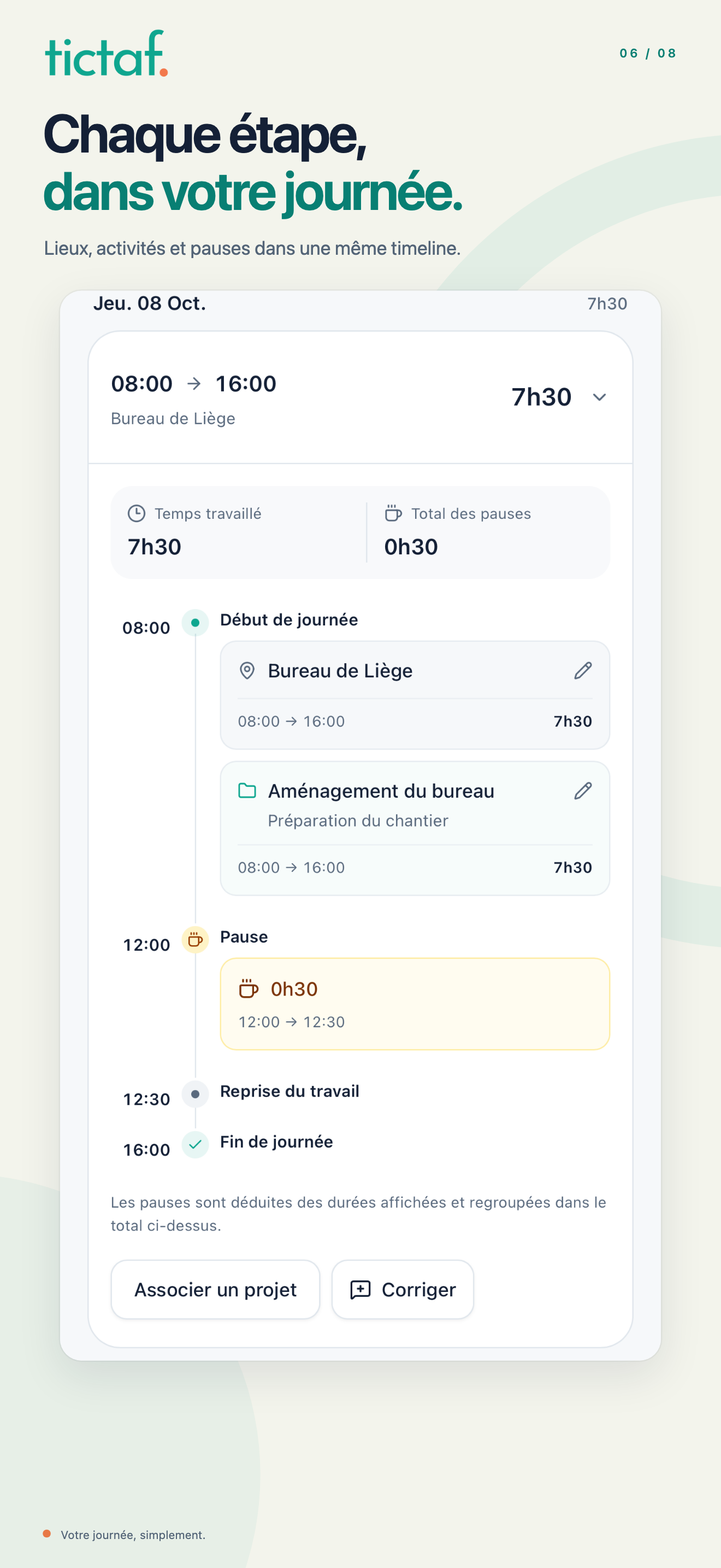 Application Tictaf sur iOS : déroulé des activités et pauses de la journée, avec données fictives.