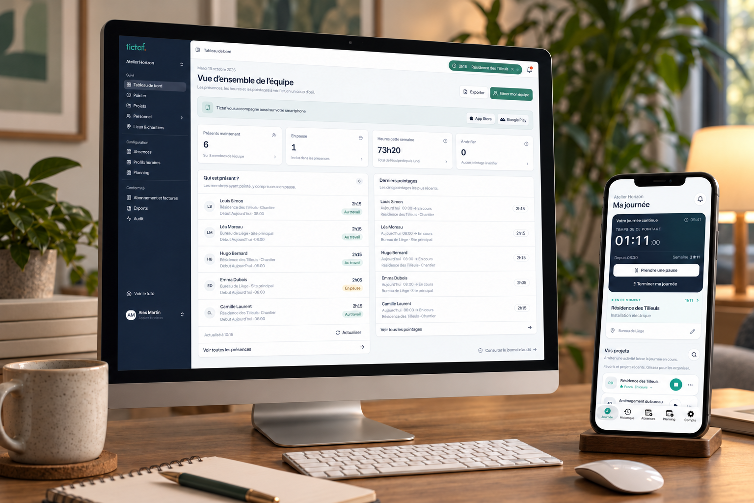 Tictaf : présentation du dashboard et de l’application mobile sur ordinateur et téléphone. Mockup illustratif.