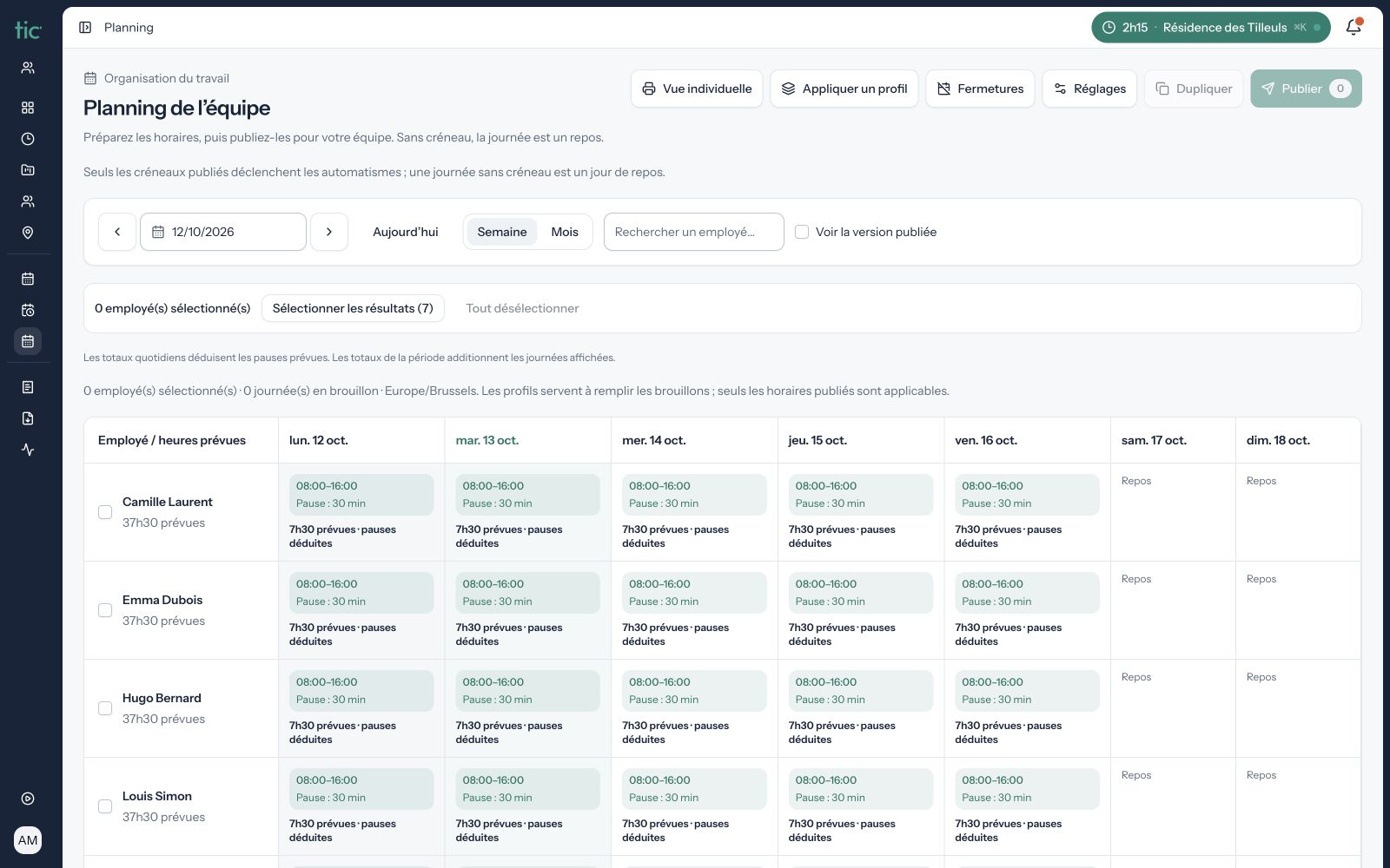 Planning web Tictaf : horaires de la semaine pour une équipe fictive, avec pauses et jours de repos.